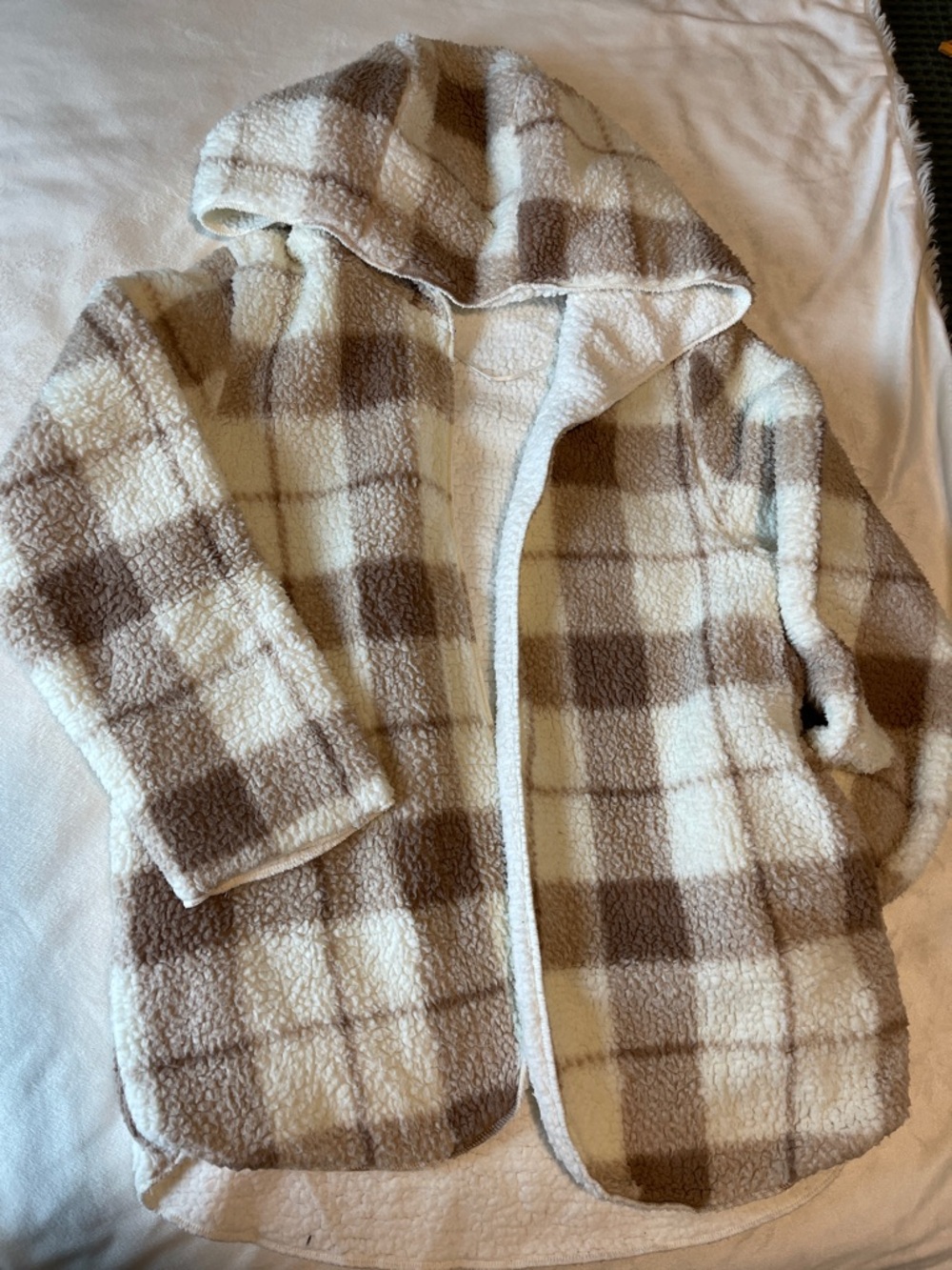 Cozy Hooded Plush Plaid Jacket in Cream and Brown